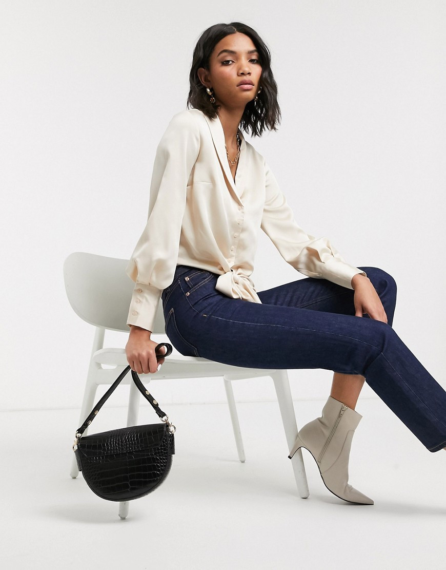 Topshop satin shirt with knot front in cream | ASOS (Global)