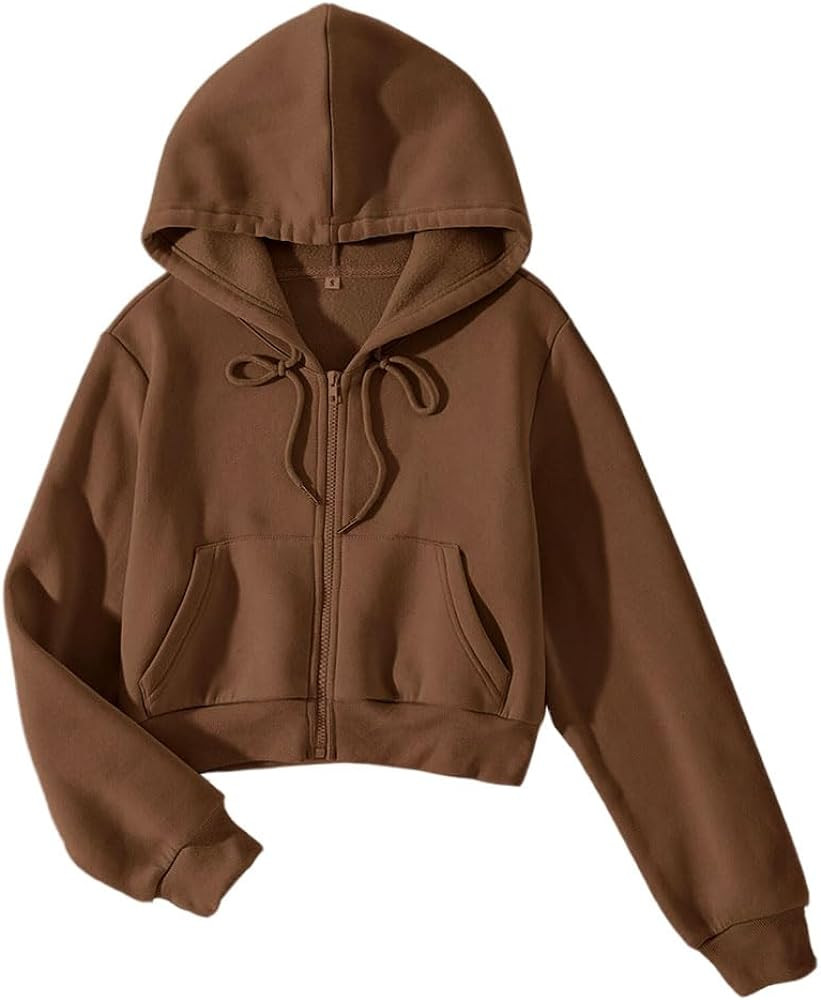 LOFAAC Women Fleece Full Zip Up Cropped Hoodie Sweatshirt 90s Long Sleeve Drawstring Hooded Crop ... | Amazon (US)