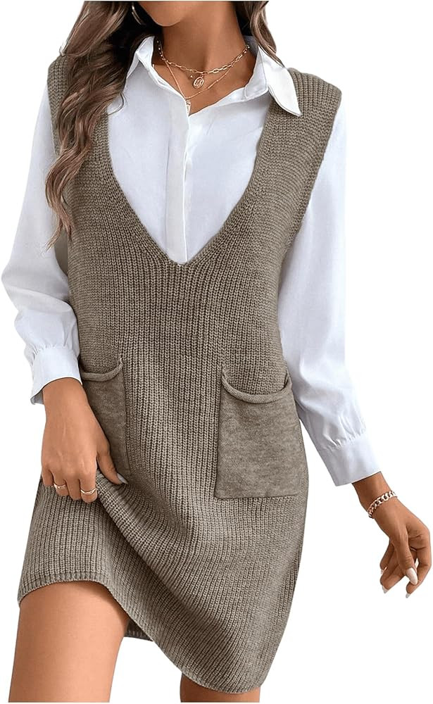 MakeMeChic Women's Sweater Fall Dresses Deep V Neck Sleeveless Crochet Knit Casual Sweater Dress ... | Amazon (US)