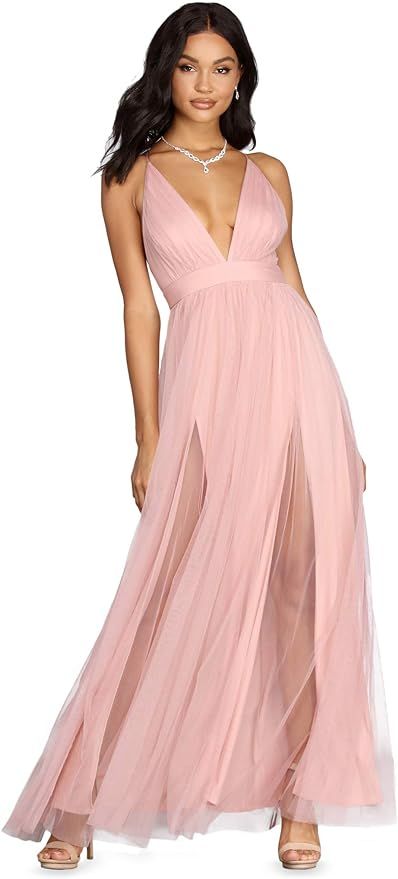 Windsor Long Formal Tulle Dress, Sleeveless V-Neck Tulle Ball Gown with High Front Slits, Wedding... | Amazon (US)
