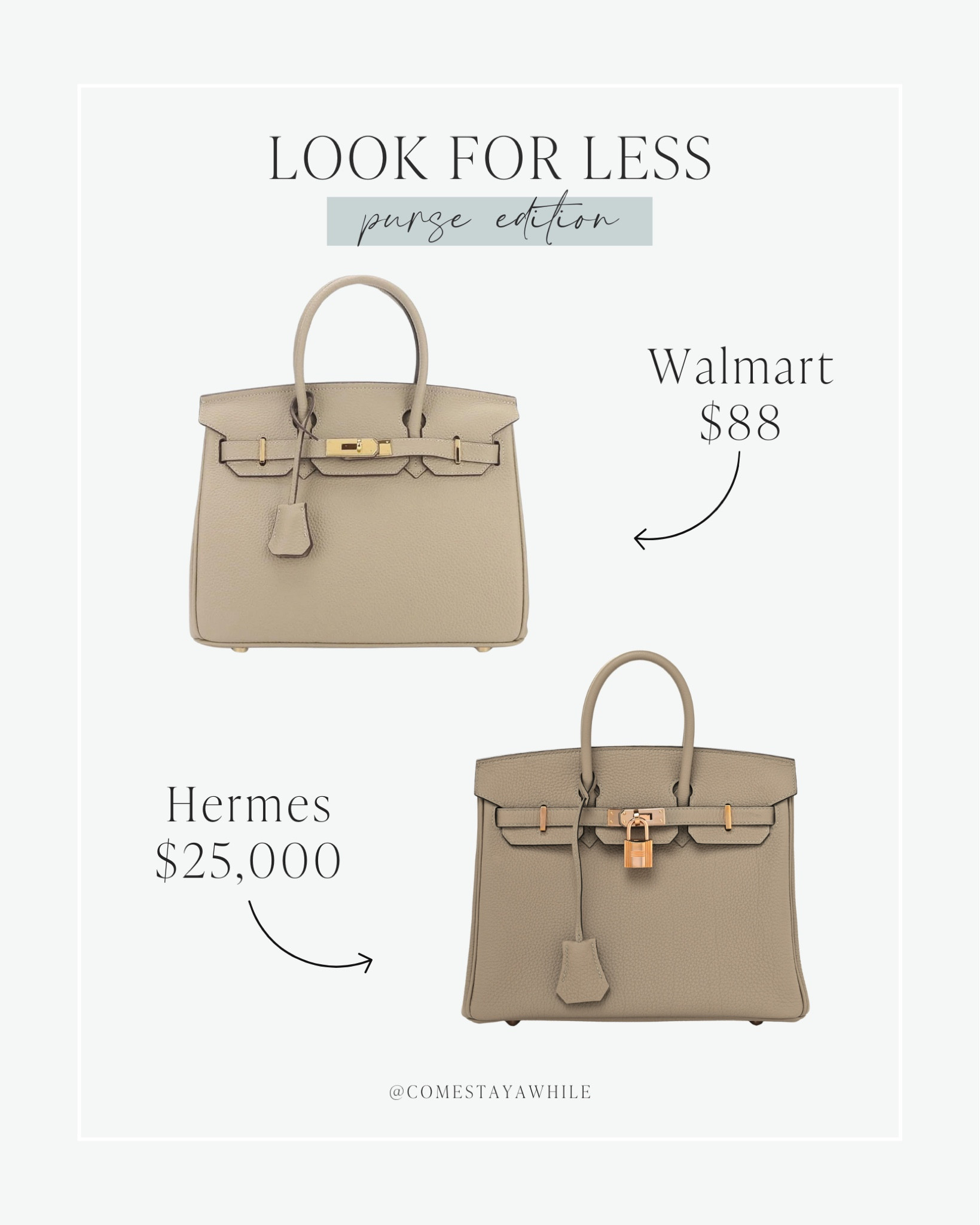 Look for less! I found a super similar option for the Hermes Birkin bag under $100 from @walmart! Seriously so cute, and looks so similar! 🤯🤩 Can’t believe how much they look alike! 

 Come Stay Awhile, looks for less, designer lookalikes, stylish purses for women, Walmart fashion 

#LTKStyleTip #LTKxWalmart #LTKFindsUnder100