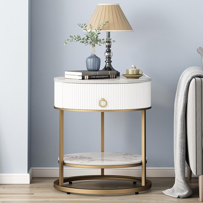 2 Tier Night Stand, End Table with Drawer, Marbling Natural Stone/Gold | Amazon (US)
