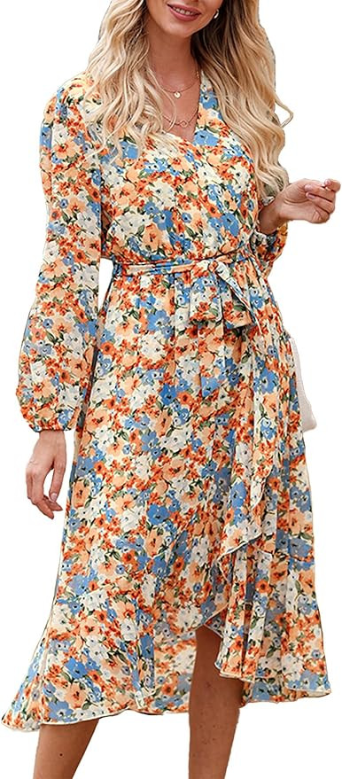 PRETTYGARDEN Women's Floral Boho Dress Fall Long Sleeve Wrap V Neck Ruffle Flowy Maxi Spring Wedd... | Amazon (US)