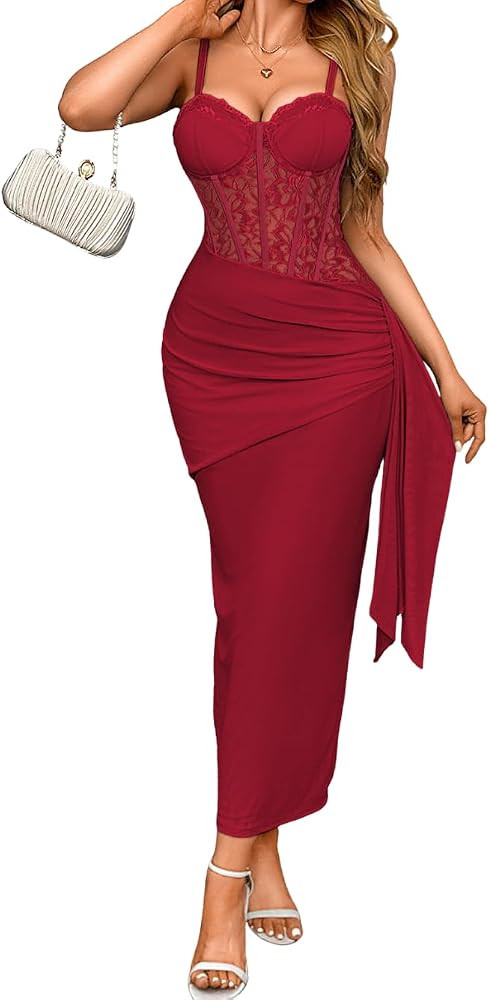 Women's Sexy Lace Bustier Maxi Dress, Built-in Bra Underwire Corset Bodycon Clubwear Festival Out... | Amazon (US)