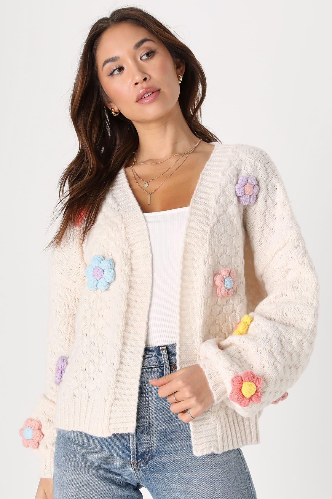 Chosen Charm Cream Knit Open-Front Embroidered Shrug Sweater | Lulus
