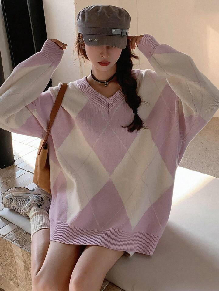 DAZY Women's Geometric Pattern Color Block Drop Shoulder Sweater | SHEIN