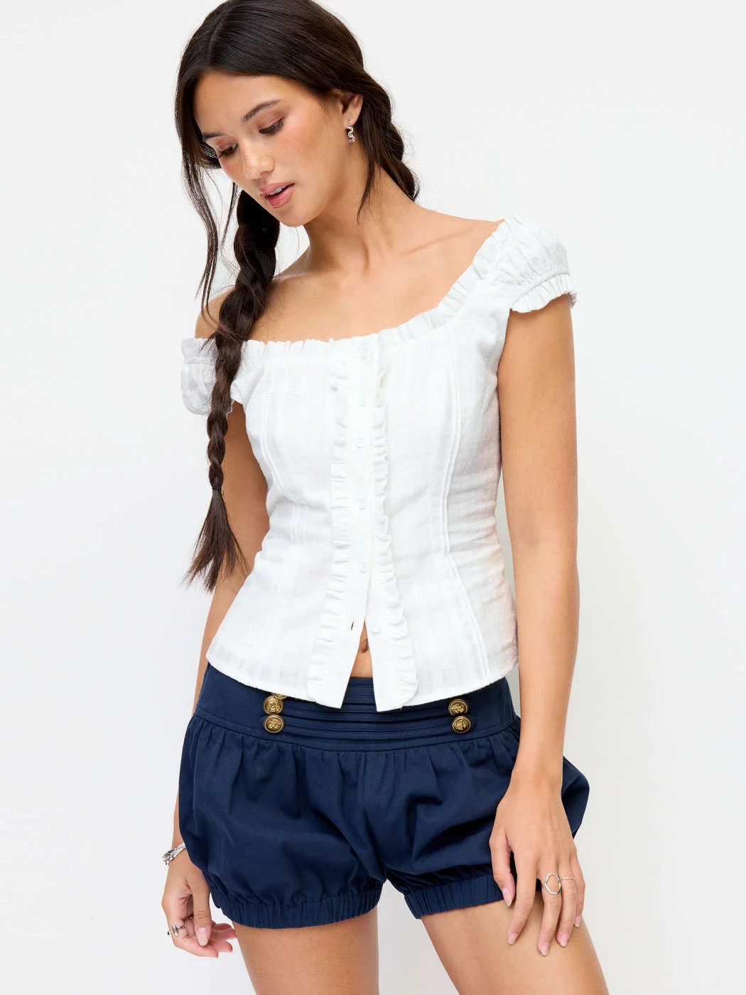 Cotton-blend Square Neck Ruffled Lace-up Corset Blouse | Cider