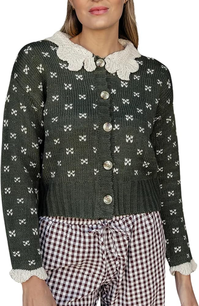 Esmeling Women's Y2K Ruffle Collar Cardigan Sweater Cute Long Sleeve Button Down Floral Knitwear ... | Amazon (US)