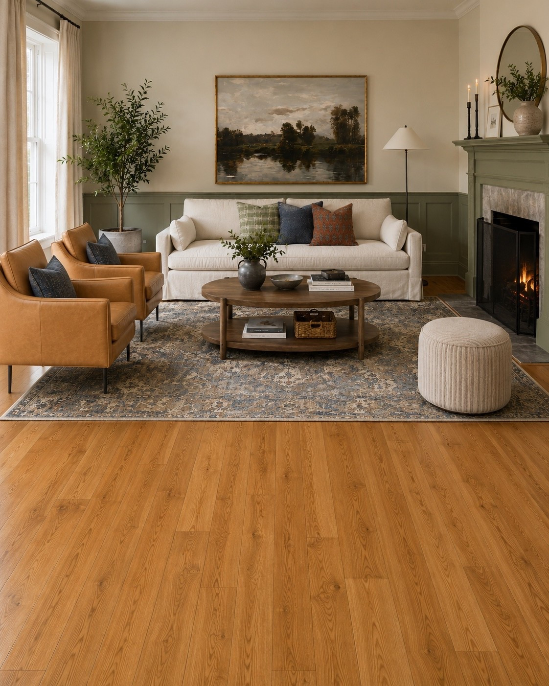 One of the questions I get asked most often is how to decorate around honey oak floors without making the whole room feel orange or outdated. The truth is, you don’t have to fight them — you just need to support them with the right colors and textures.

For this 3D rendered room design, I leaned into complementary tones instead of competing with them. 

Olive green paneling helps ground the warmth of the floors, vintage-inspired blues soften the orange undertones, and layered woods, leather, linen, and cozy textures make everything feel intentional and collected.

A few things that help honey oak floors feel more modern:
 • Use muted greens, warm whites, and earthy neutrals • Repeat warm wood tones throughout the room • Add contrast with darker accents for balance • Choose rugs with cooler undertones to soften warmth • Layer texture instead of relying only on color

I linked the pieces I used for this design inspiration plus some similar finds below.

#LTKHome
