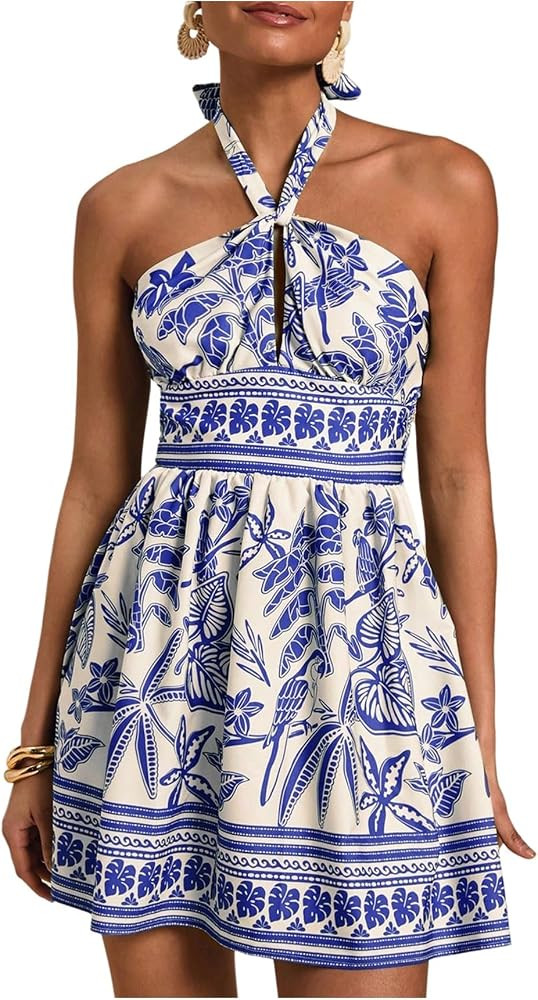 SOLY HUX Tropical Vacation Dress for Women Halter Tie Backless Sundress Sleeveless A Line Short S... | Amazon (US)