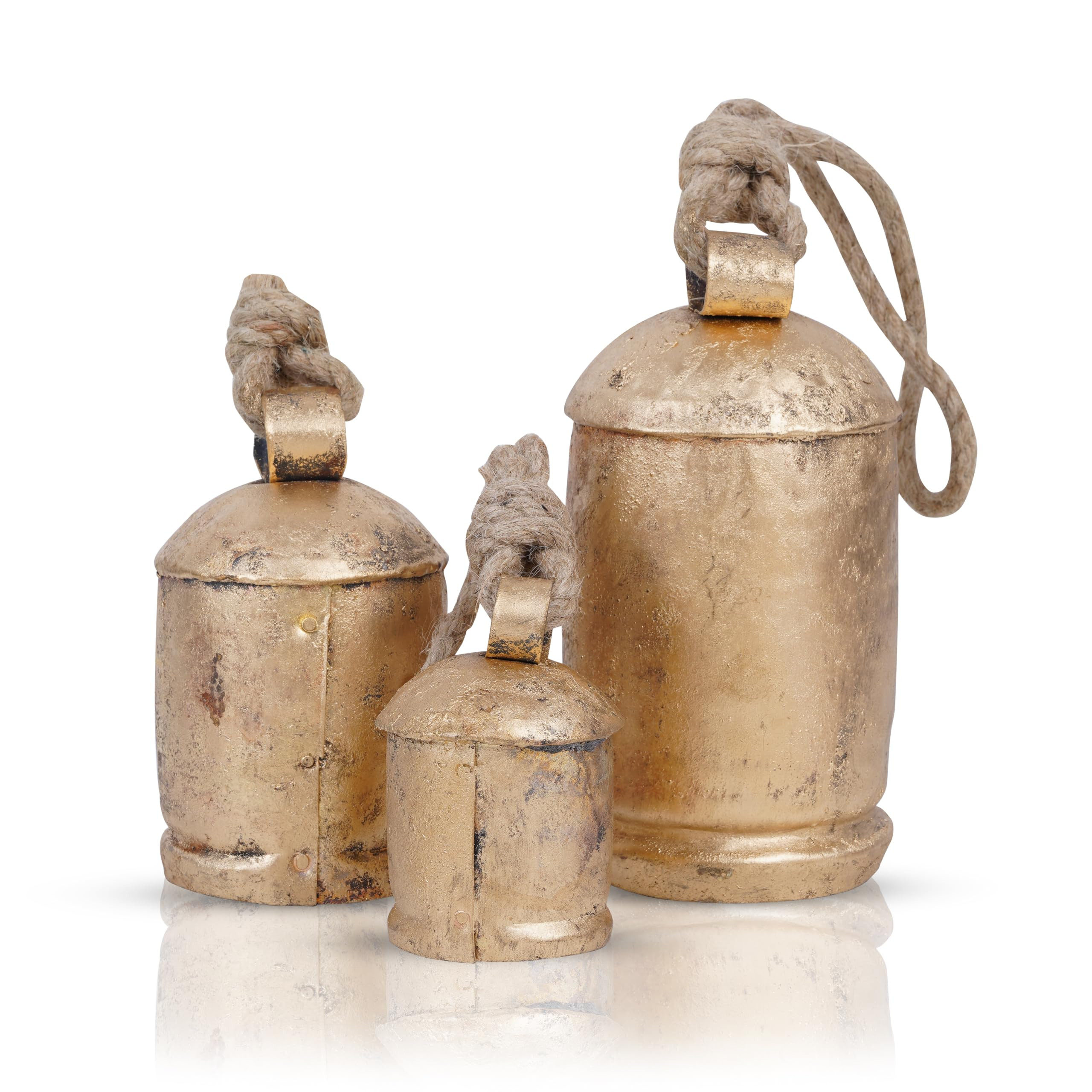 3 Pc Giant Harmony Cow Bells Rustic Handmade Decorative Vintage Hanging Bells with Jute Rope (Gol... | Amazon (US)