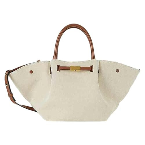 Leather Midi New York Tote Bag for Women Elegant Leather Tote Bag Large Capacity Wallet, Wing Bag, Trapezoidal Shape (White+Brown) | Amazon (US)
