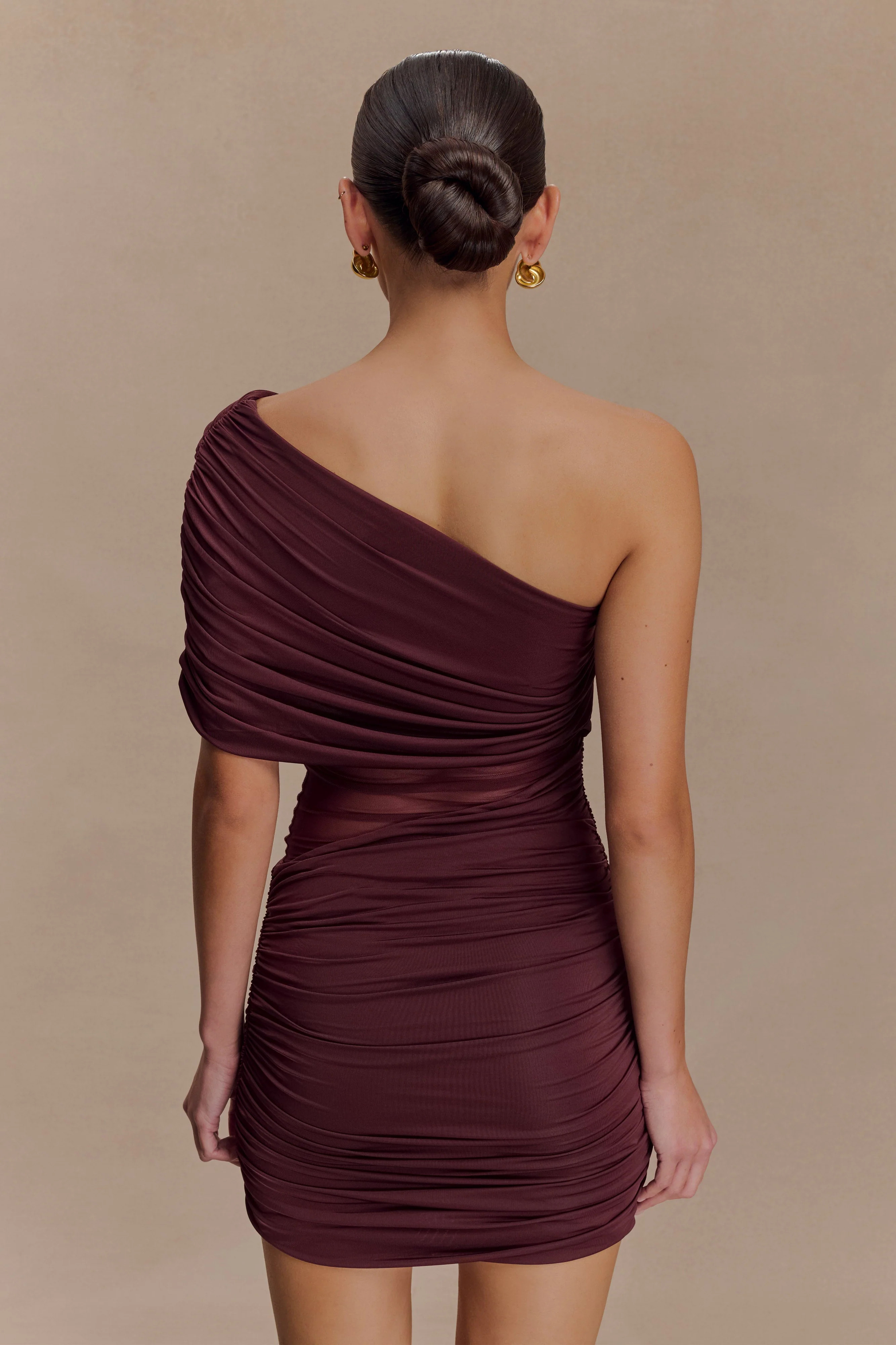 One Shoulder Mesh Mini Dress - Mahogany | MESHKI US