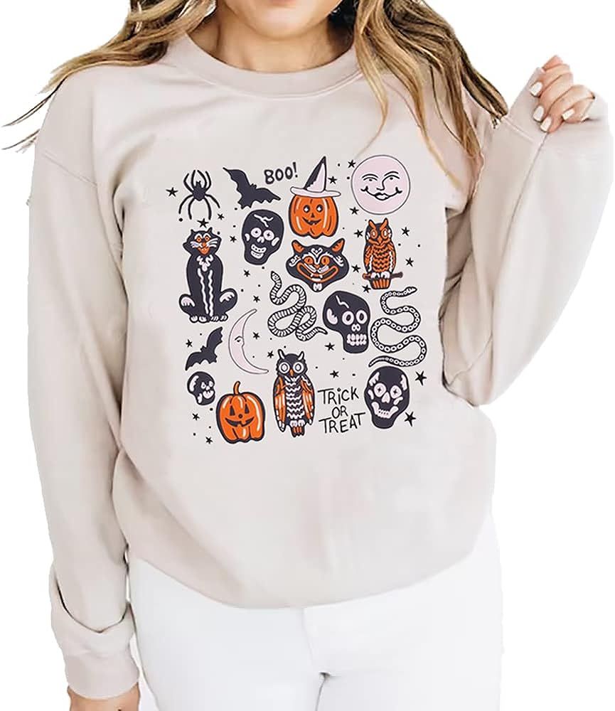 Womens Halloween Sweatshirt Pumpkin Long Sleeve Funny Skeleton Graphic Teens Crewneck Pullover Vinta | Amazon (US)