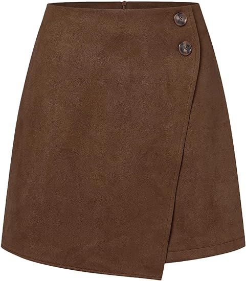 Skrtimory Women's Faux Suede High Waist Asymmetrical Hem A-Line Short Mini Skirt | Amazon (US)