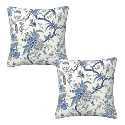 Tebjh Chinoiserie Blue and White Pillow Covers 20x20 in Set of 2, Blue Birds Flowers Throw Pillow Covers Outdoor Decorative Pillow Case for Couch Bed Sofa Cushion Home Decor | Amazon (US)