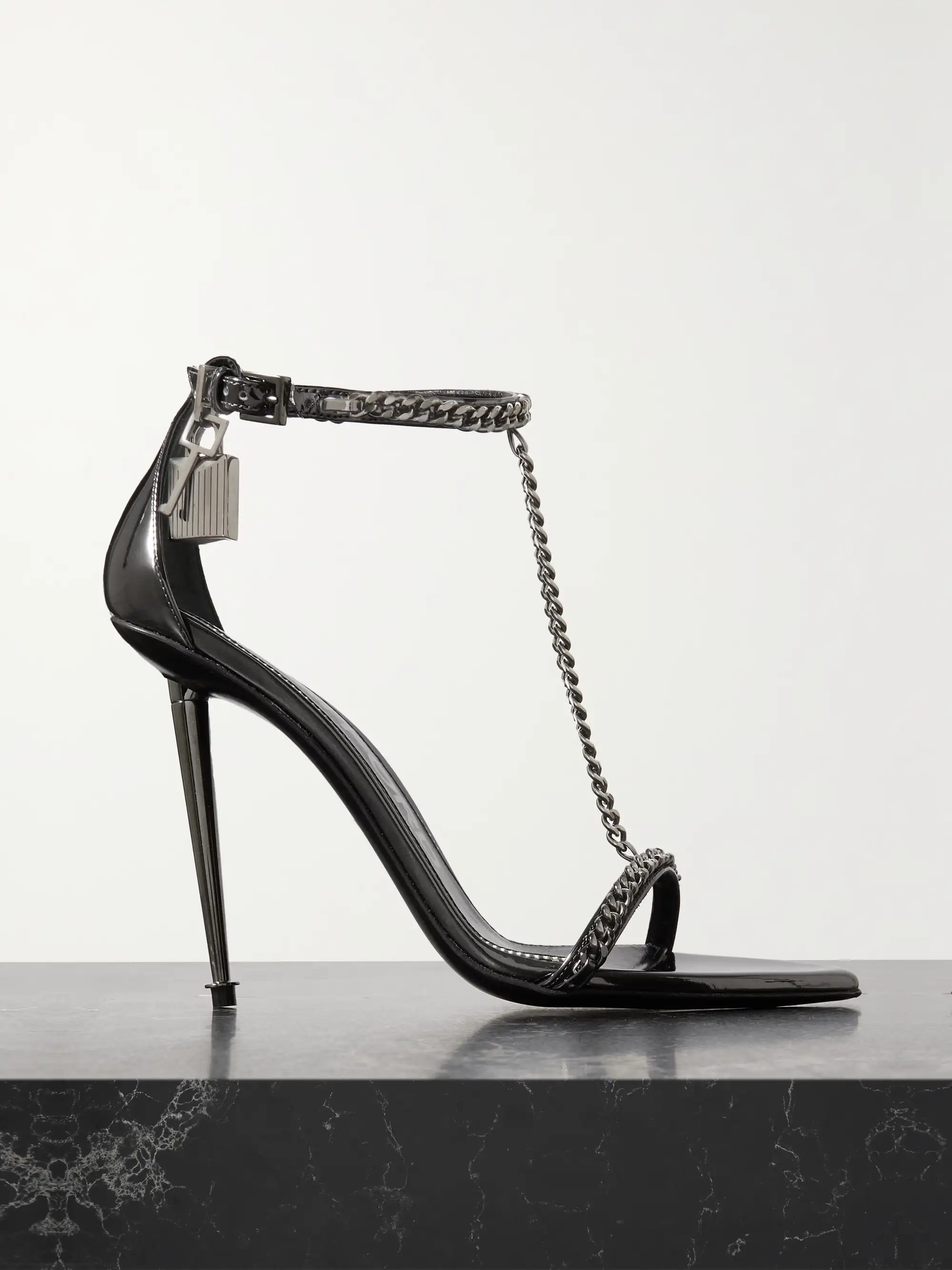 Padlock Chain embellished mirrored-leather sandals | NET-A-PORTER (US)