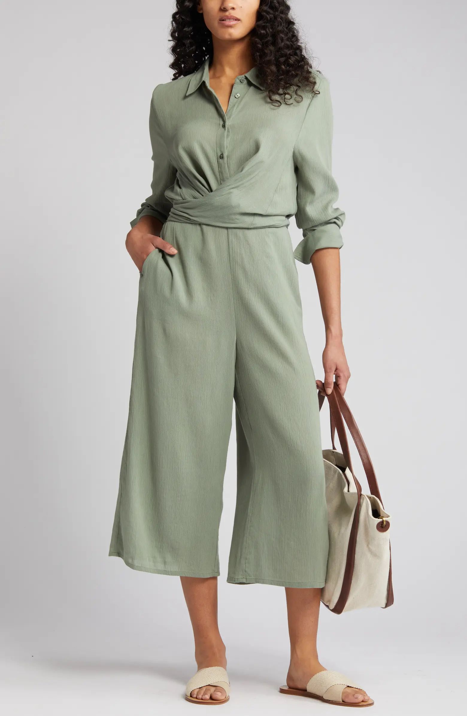 Wrap Front Long Sleeve Cotton Blend Jumpsuit | Nordstrom