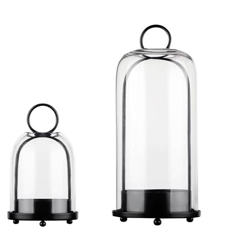 5" & 4" Wide Versatile Metal Candle Holder in Black with Handmade Thick, Heavy & Sturdy Glass Dome for Pillar Candle, Industrial, Modern, Shelf, Mantel, Veranda, Porch (2, Black, Large & Small) | Amazon (US)