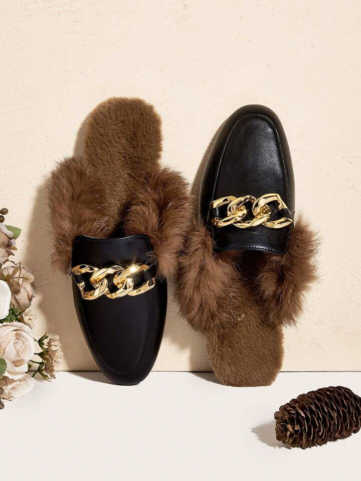 Soft Slip-On Leather Loafer Slippers, Women's Luxury Chain & Fur Lined Slide Shoes For Winter, Cl... | SHEIN