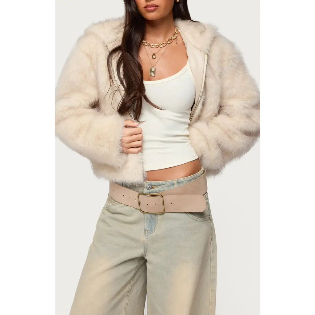 EDIKTED Beyonca Faux Fur Hooded Crop Jacket in Beige at Nordstrom, Size X-Large | Nordstrom