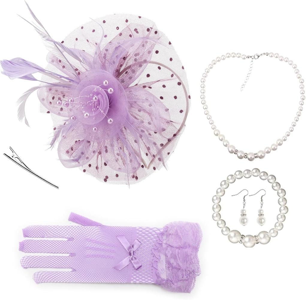 AQOKKA Women Fascinators Hats Veil Mesh Tea Party Derby Hat Bow Lace Gloves Pearl Jewelry Set for... | Amazon (US)