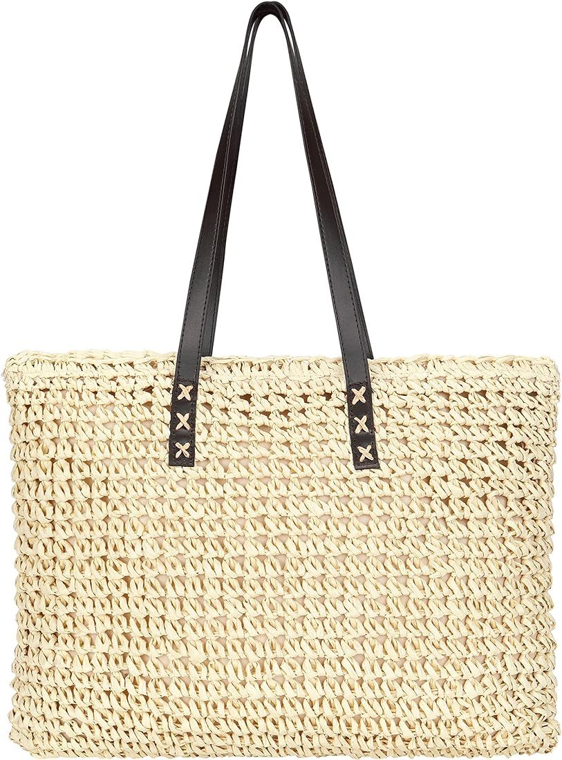 VODIU Straw Tote Shoulder Bags For Women Handbag Summer Beach Travel Large Capacity PU Leather Ha... | Amazon (US)
