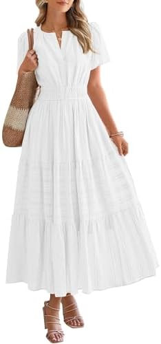 BTFBM Womens Summer 2026 Midi Maxi Dresses Lightweight Short Sleeve V Neck Elastic Waist Boho Bea... | Amazon (CA)