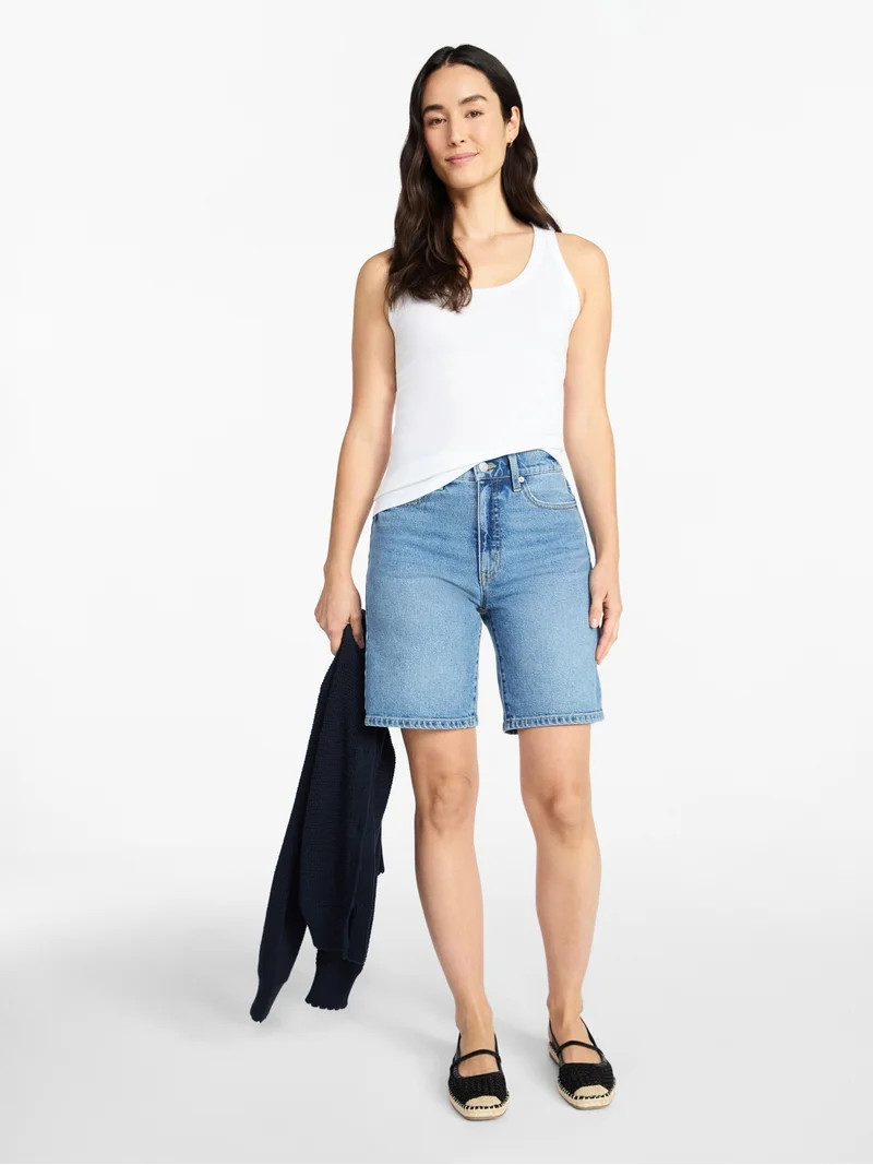 Time and Tru Women's High Rise Denim Bermuda Shorts, 9" Inseam, Sizes 0-20 | Walmart (US)