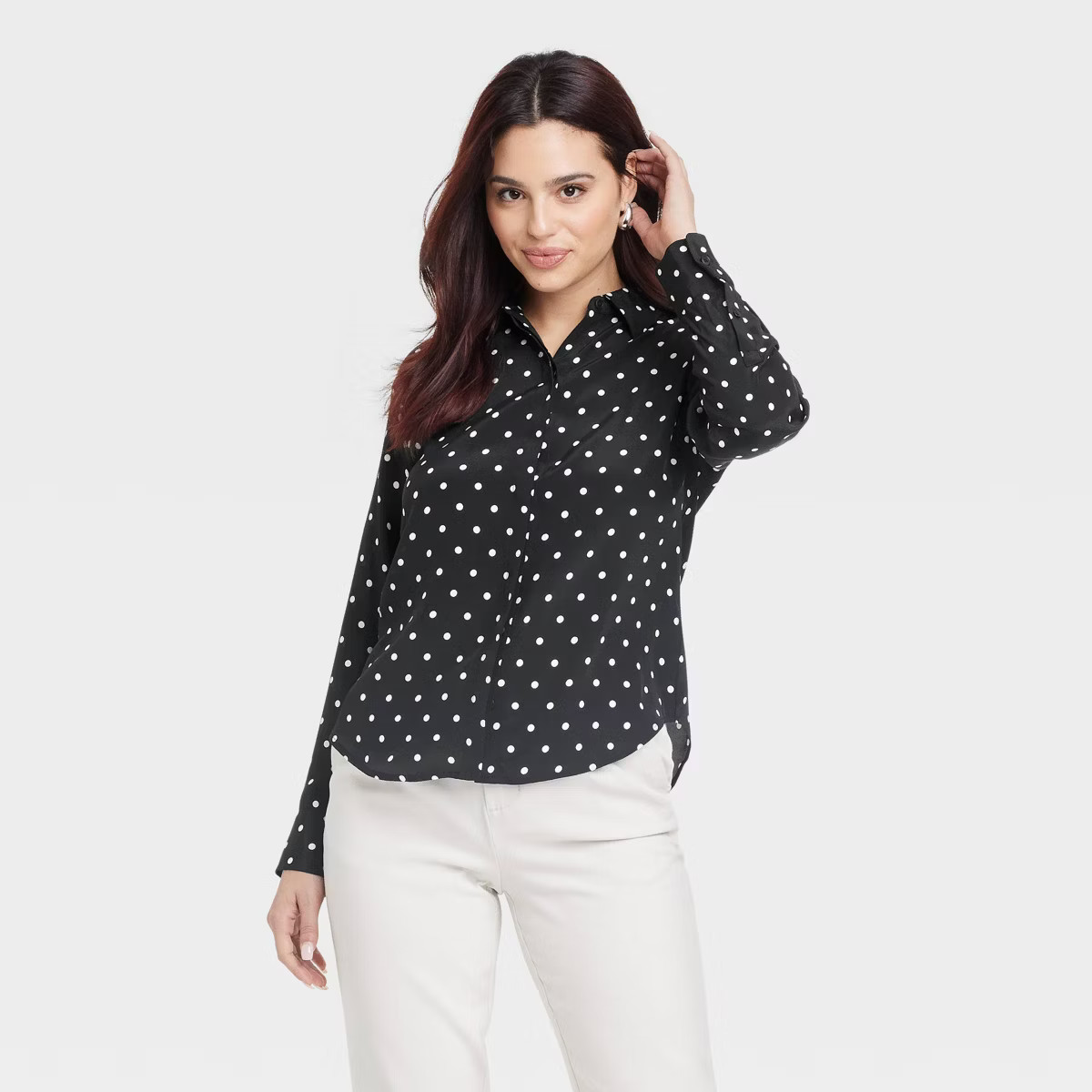 Women's Long Sleeve Collared Button-Down Shirt - A New Day™ Black Polka Dots | Target