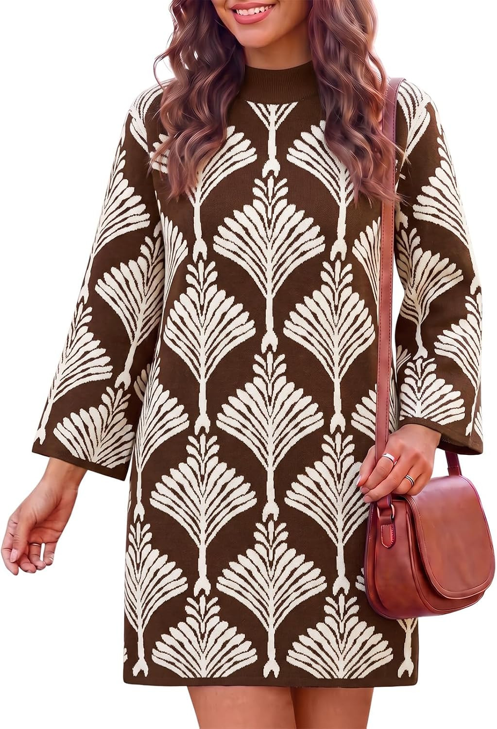 Wenrine Womens Sweater Dress Mock Neck Bell Sleeve Floral Knit Mini Dresses | Amazon (US)