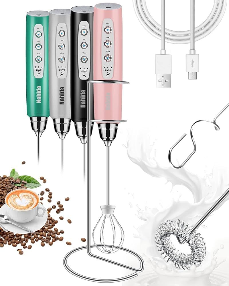 Handheld Milk Frother for Coffee with Stand, Rechargeable Drink Foam Mixer with 3 Heads 3 Speeds ... | Amazon (US)