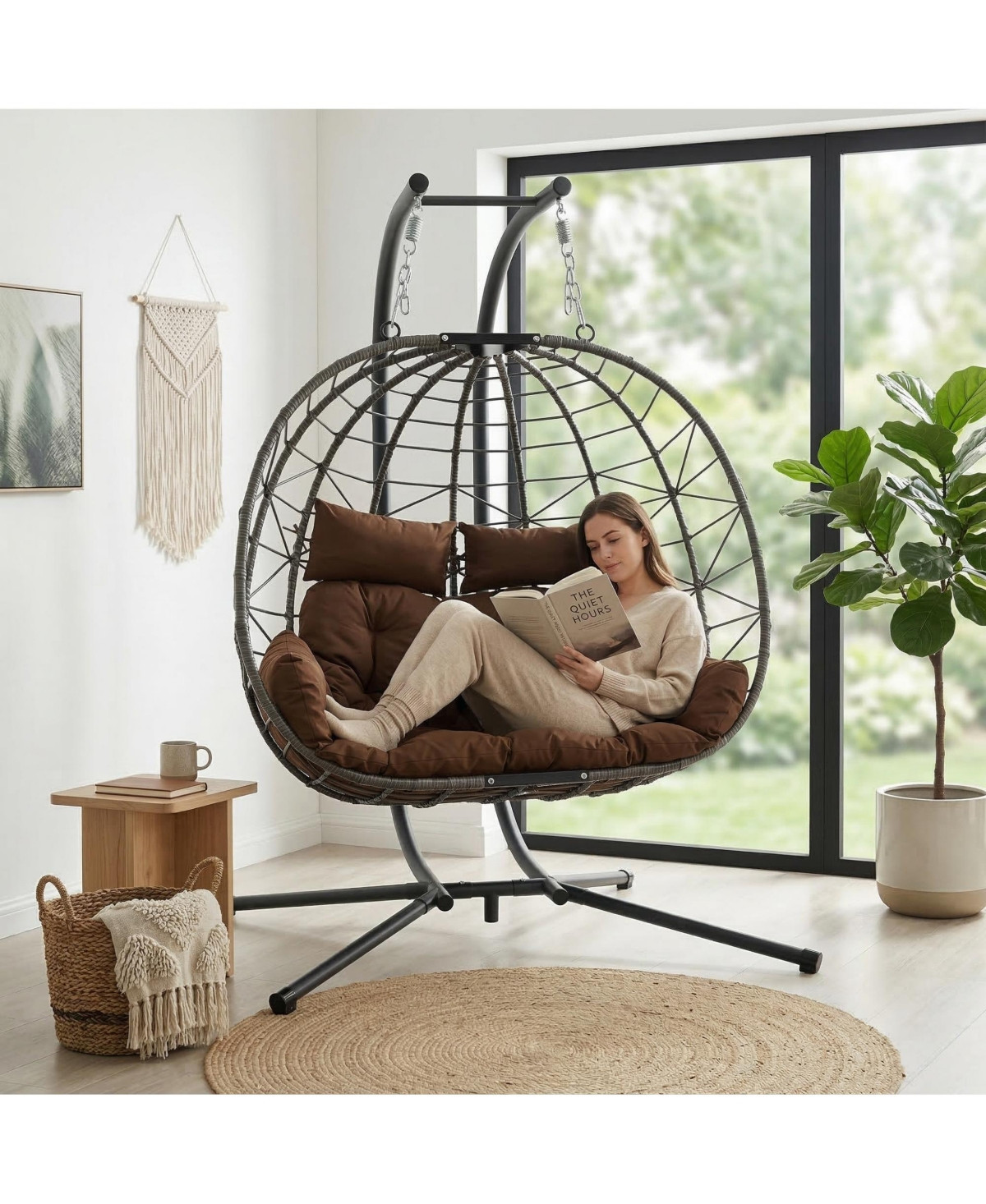 Rainsken Oversized 2-Seater Hanging Egg Chair with Stand and Cushions, Double Swing Chair for Indoor and Outdoor Use in Bedroom, Balcony and Garden | Macy's