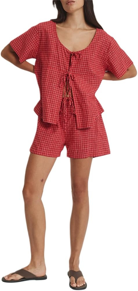 NUFIWI Women Plaid Tie Front 2 Piece Pajamas Set Short Sleeve Shirt Elastic Waist Lounge Linen Se... | Amazon (US)