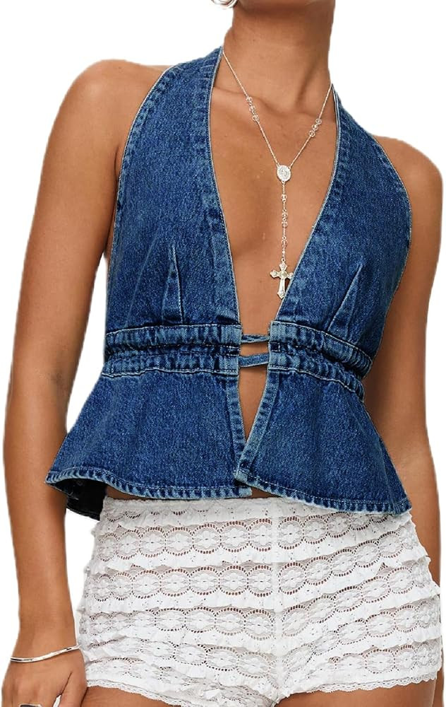 Women Sexy Deep V Neck Halter Denim Tank Top Tie Up Back Solid Color Backless Jean Vest Strapless... | Amazon (US)