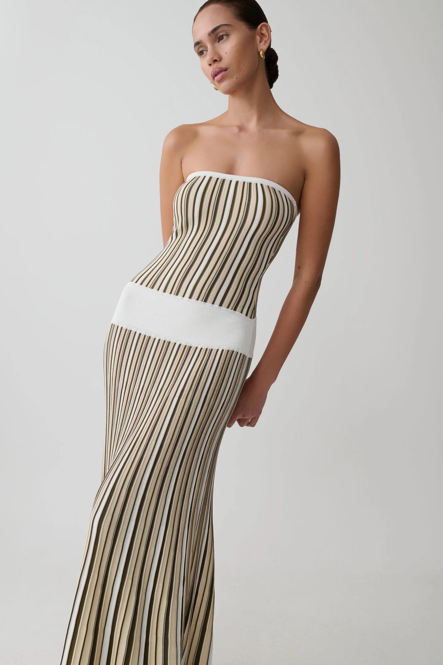 Joyce Stripe Maxi Knit Dress - Khaki/Ivory | MESHKI US