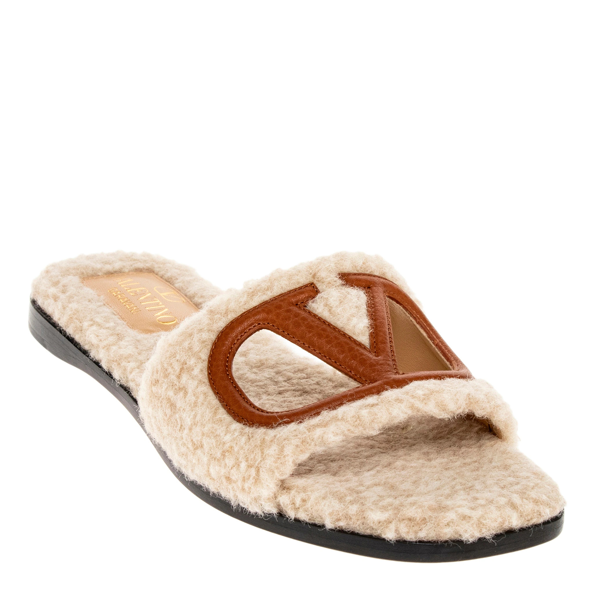 Valentino VLogo Cutout Faux Shearling Sandals | Overstock