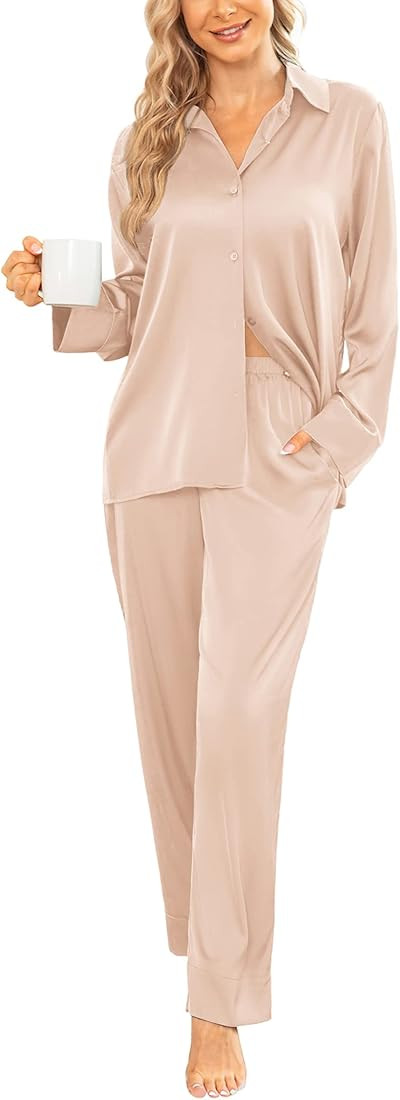 Ekouaer Mens Satin Pajamas Set Classic Long Sleeve Button Down Couple Sleepwear Soft Silk Loungew... | Amazon (US)