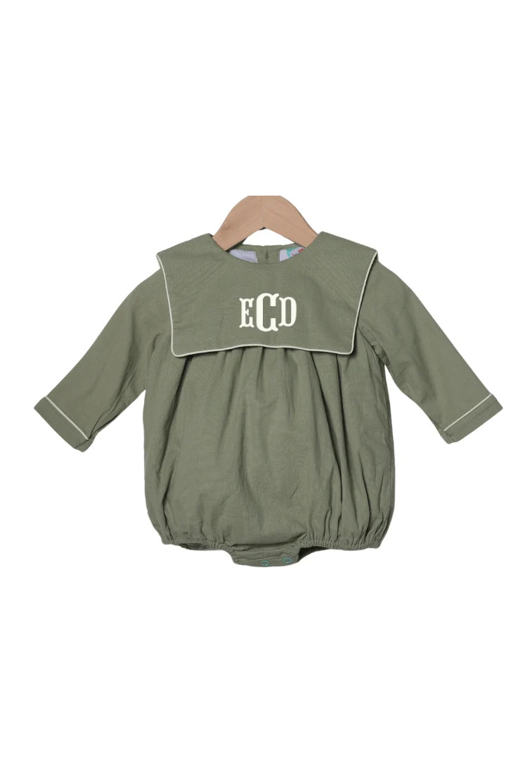 Olive Green Linen Bib Long Sleeve Bubble | The Smocked Flamingo