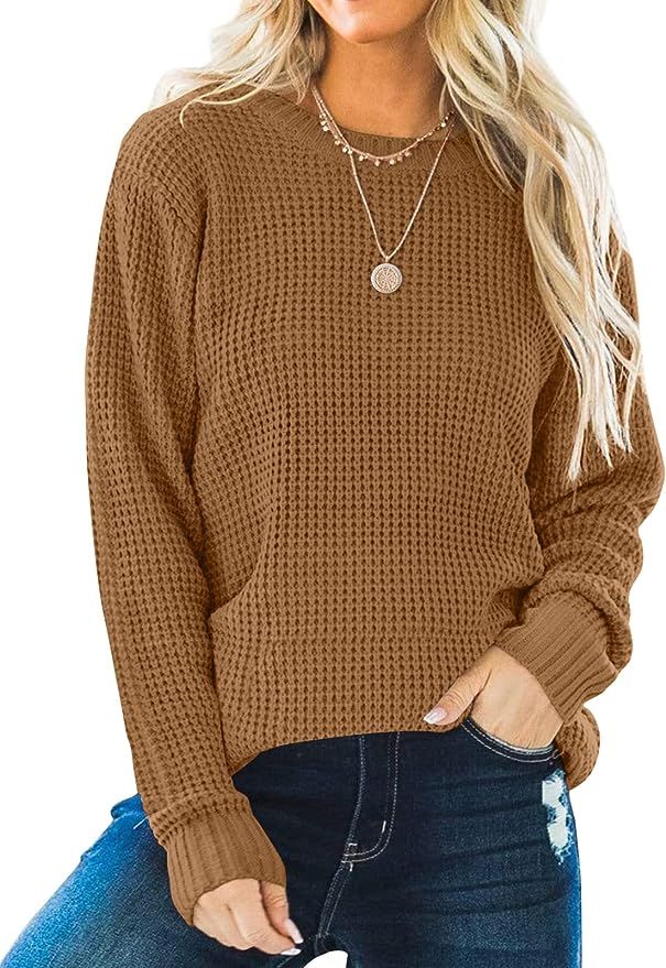 ZESICA Women's Long Sleeve Crew Neck Waffle Knit Casual Loose Oversized Pullover Sweater Jumper T... | Amazon (US)
