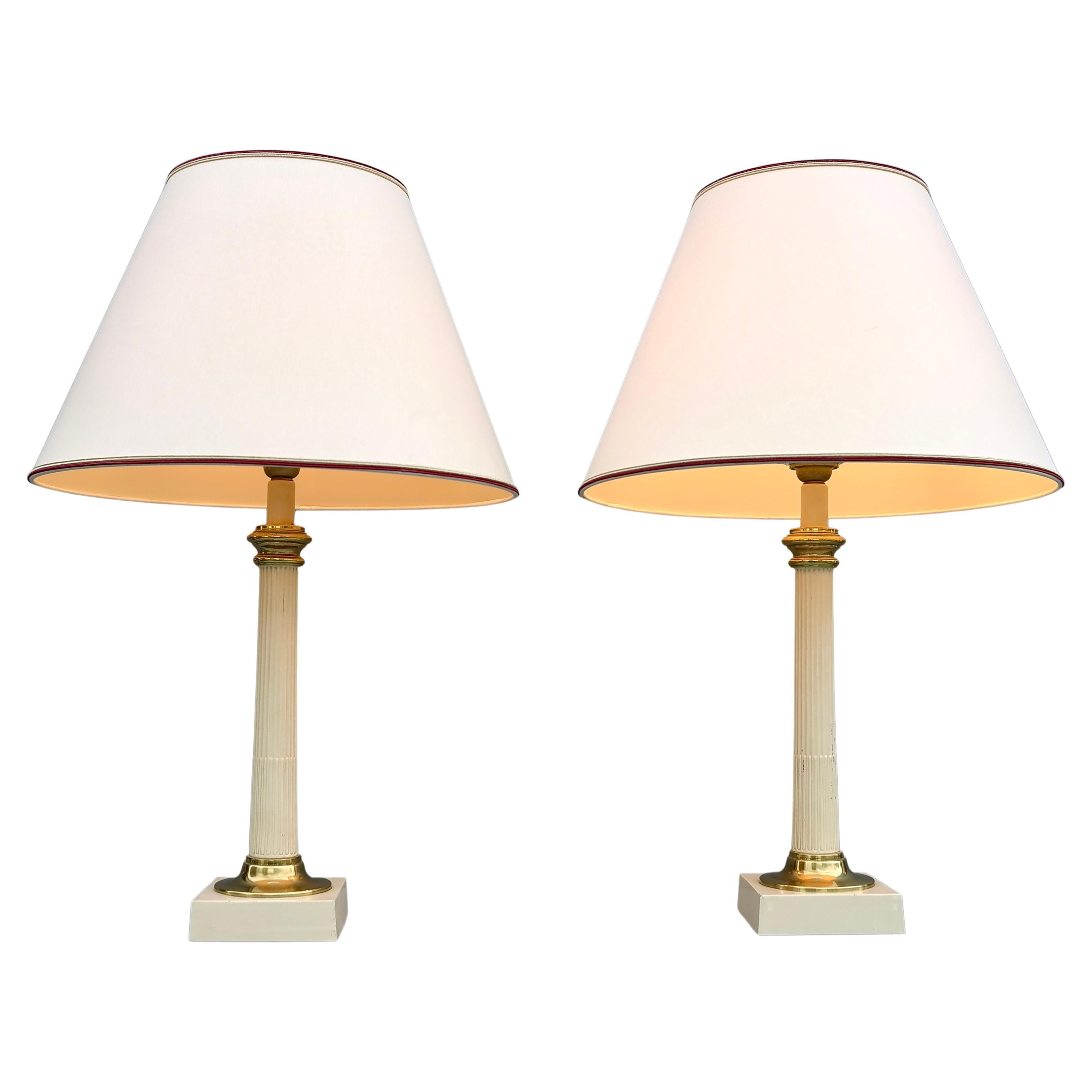 Pair of Column Table Lamps in Off White Metal and Brass Details, France 1960's | 1stDibs