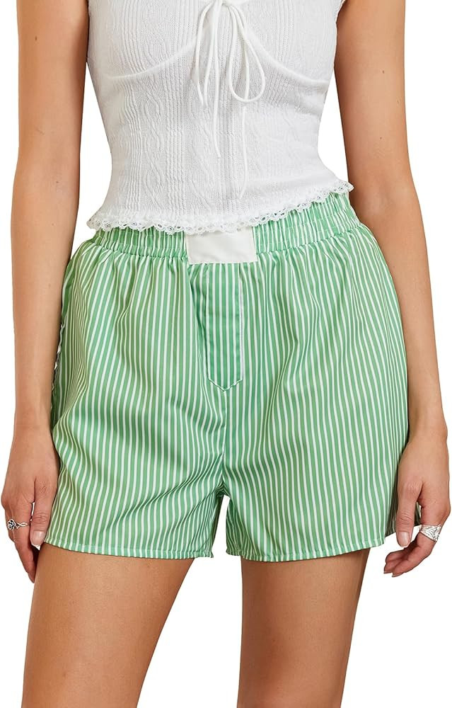 Womens Y2k Gingham Boxer Shorts Striped Plaid Elastic Low Waist Pajamas Shorts Pj Cute Lounge Bot... | Amazon (US)