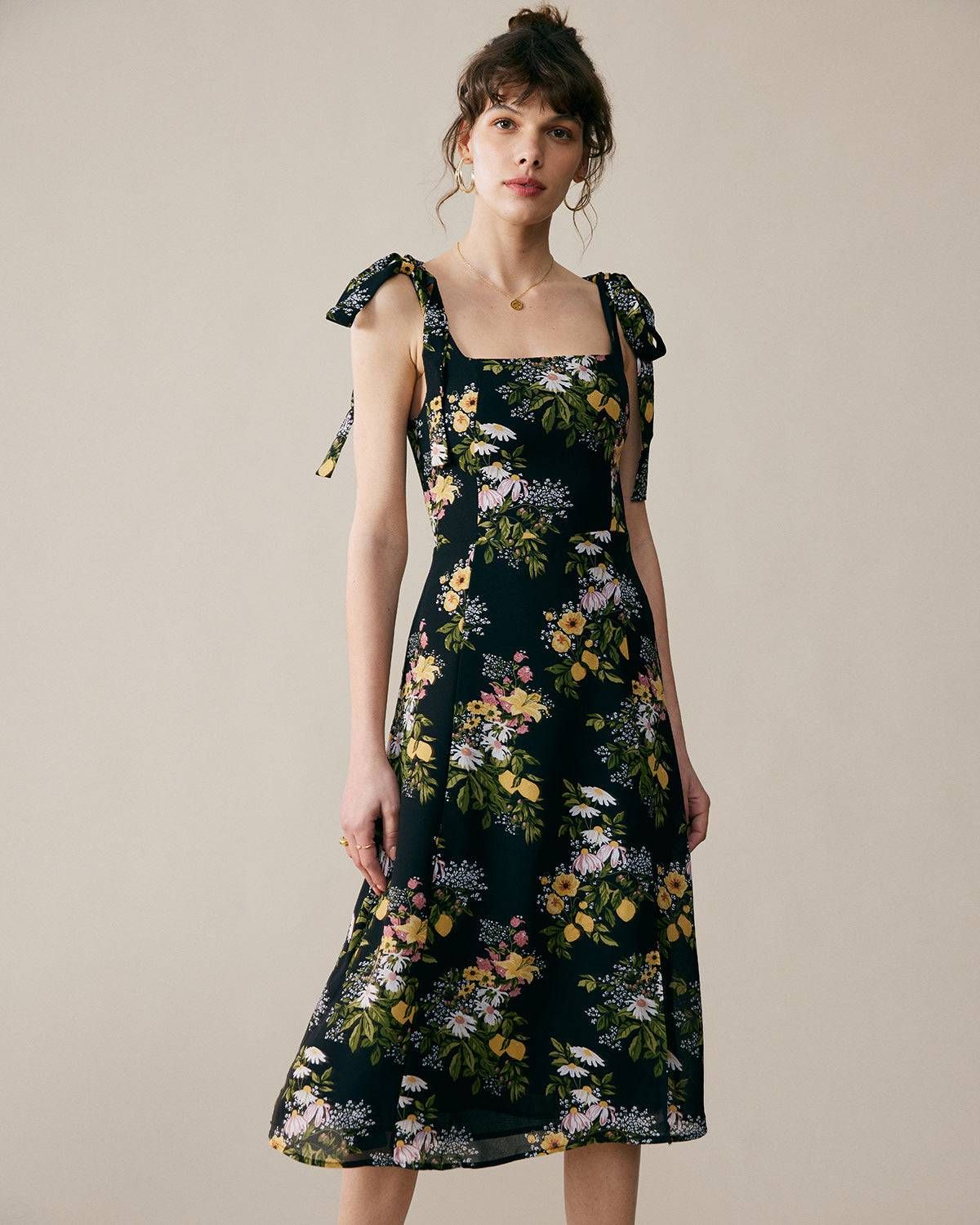 The Black Tie Strap Floral Midi Dress & Reviews - Black - Dresses | RIHOAS | rihoas.com