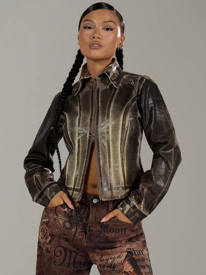 MUSERA Panel Collared Zip Up Faux Leather Denim Jacket | SHEIN