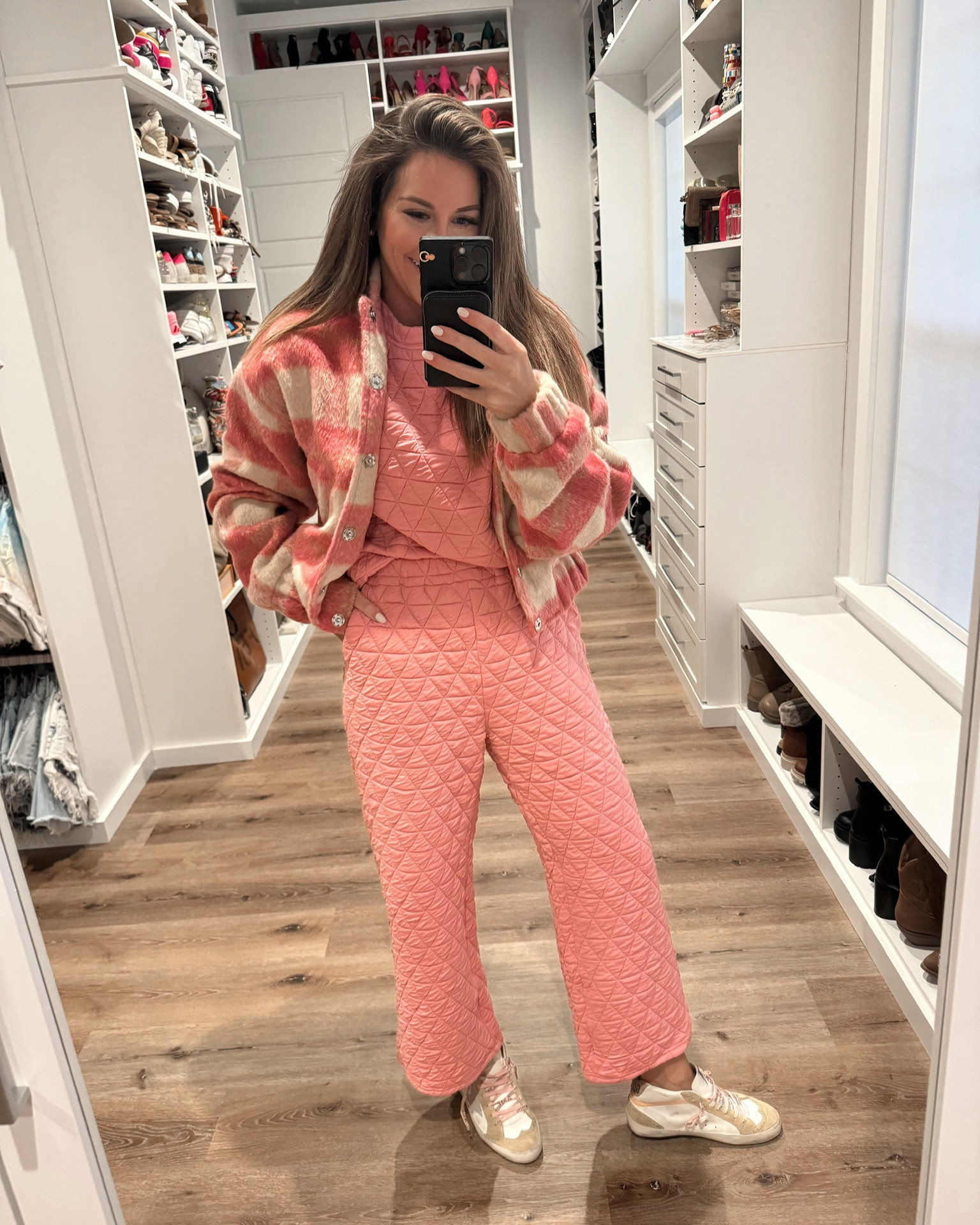 In a small pink plaid jacket, medium 2 piece set with quilted tee and wide leg pants, sneakers and accessories for Spring - all fits TTS.

#LTKstyletip #LTKSeasonal #LTKfindsunder100