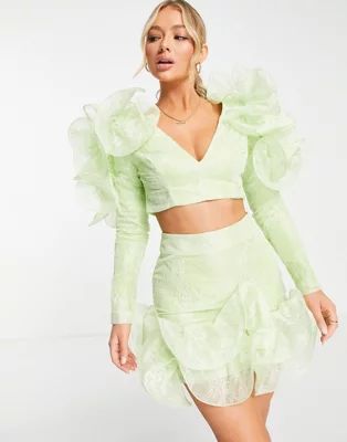 ASOS LUXE wired ruffle shoulder lace top in lime- part of a set | ASOS | ASOS (Global)