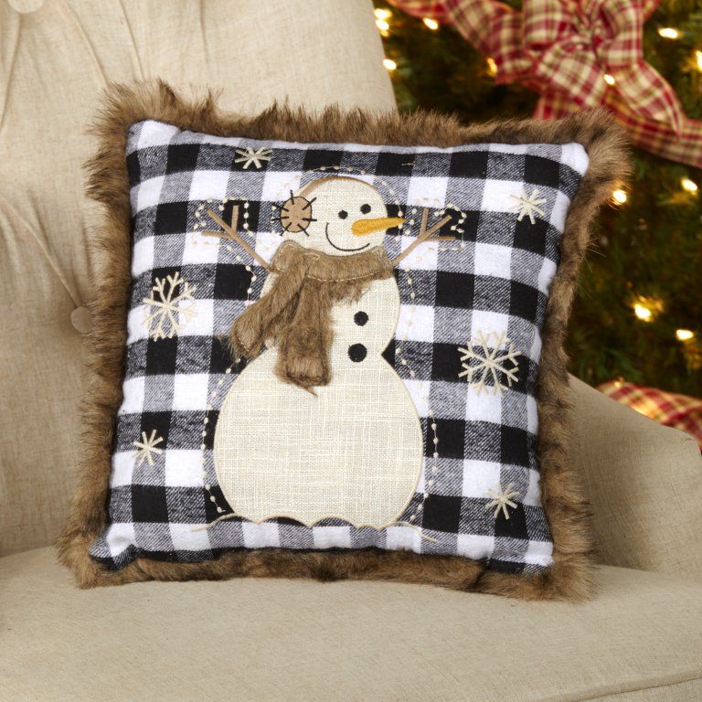 Embroidered Black and White Plaid Snowman Throw Pillow with Fur Trim | Walmart (US)