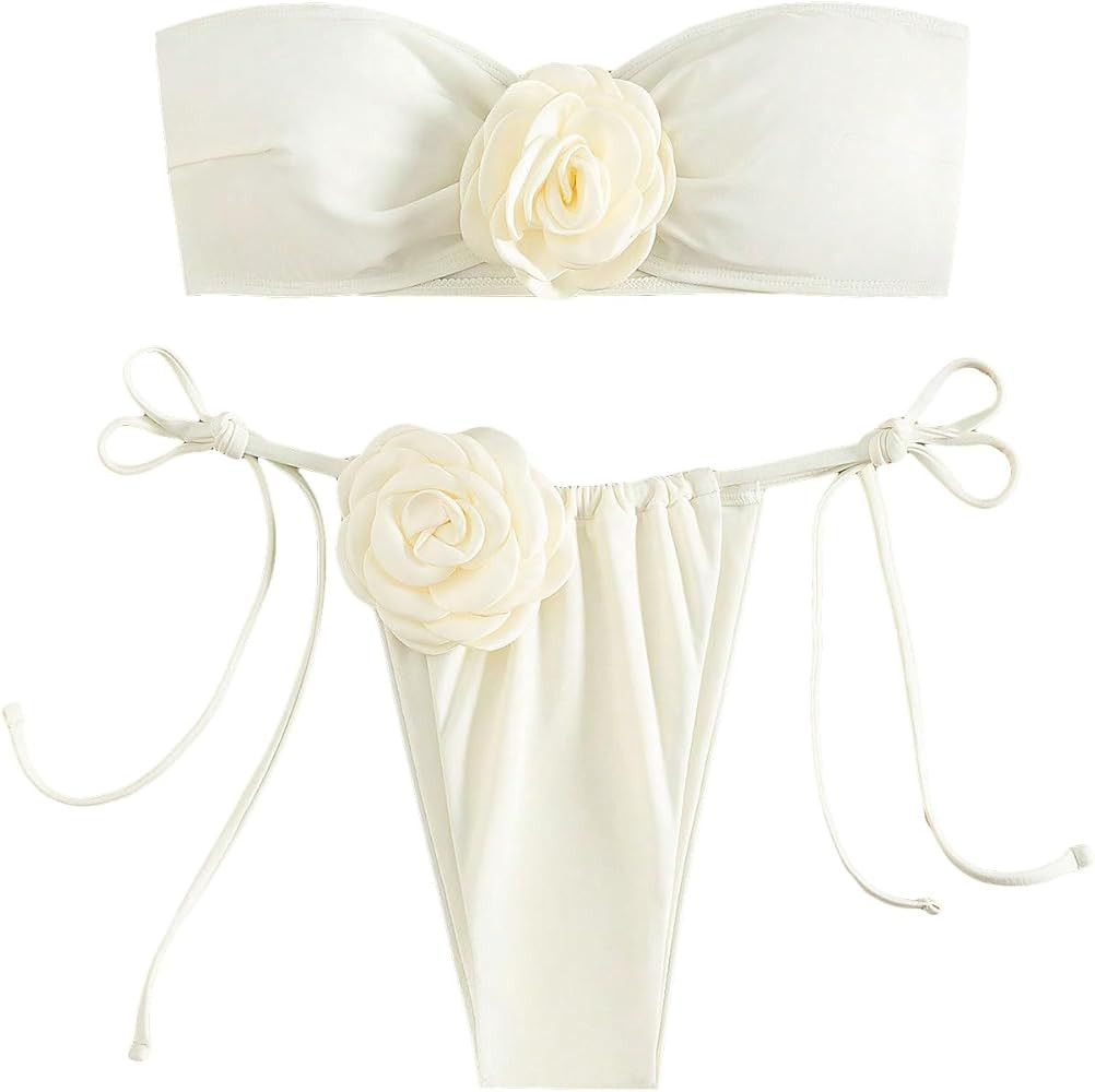 MakeMeChic Women's 2 Piece Bandeau Swimsuit 3D Floral Tie Side High Cut Bikini Set Bathing Suit | Amazon (US)