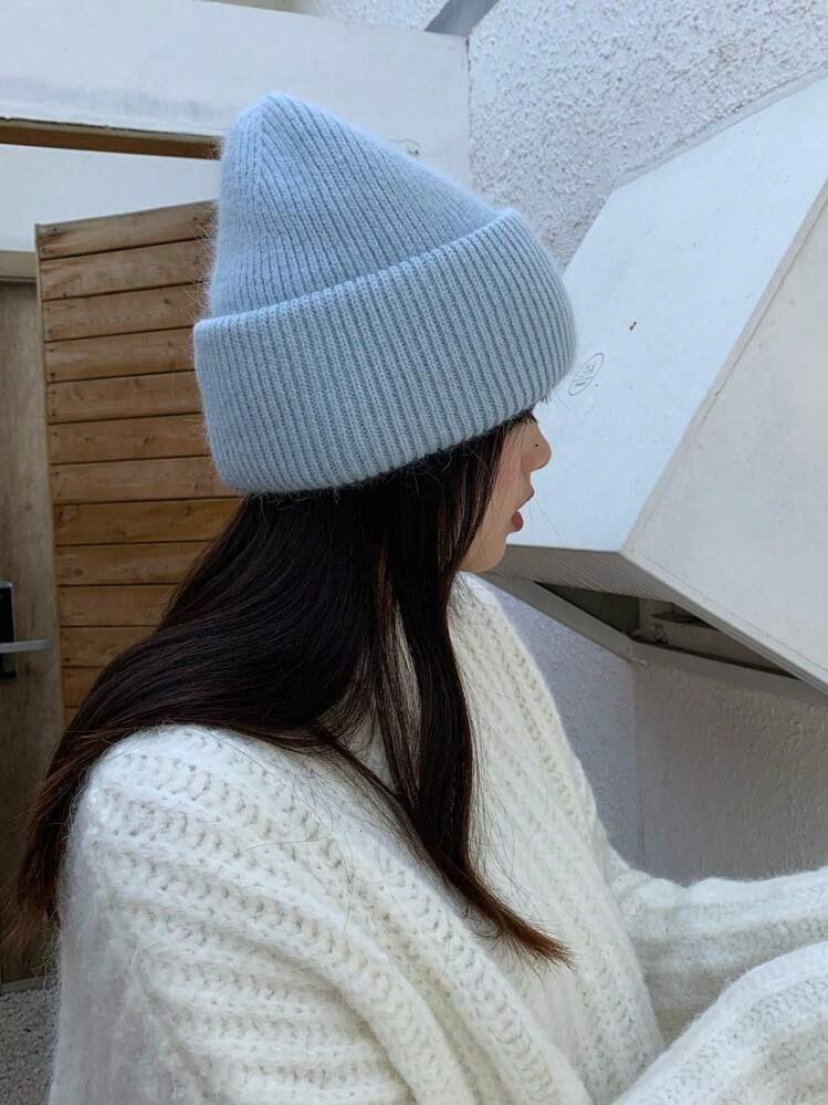 1pc Women's Solid Color Double-Layer Rolled Brim Knitted Trendy Beanie Hat, Autumn/Winter Outdoor... | SHEIN