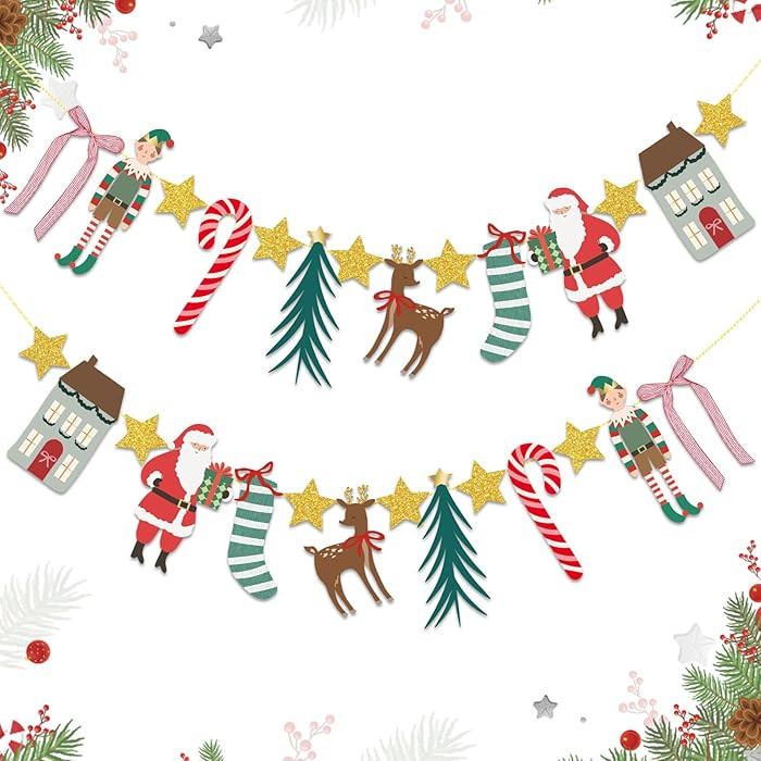 1 Merry Christmas Banner Christmas Party Decorations with Santa Claus Stocking Reindeer Candy Can... | Amazon (US)